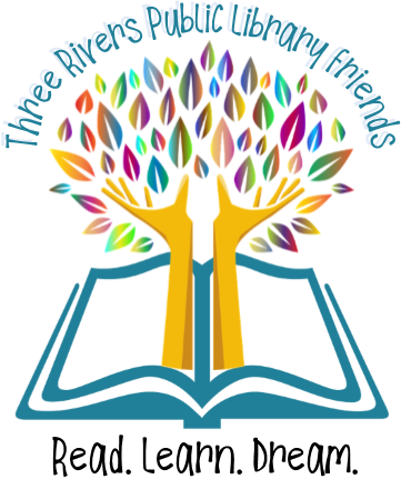 Hands reaching up from a book with leaves on top. Friends' group logo. 