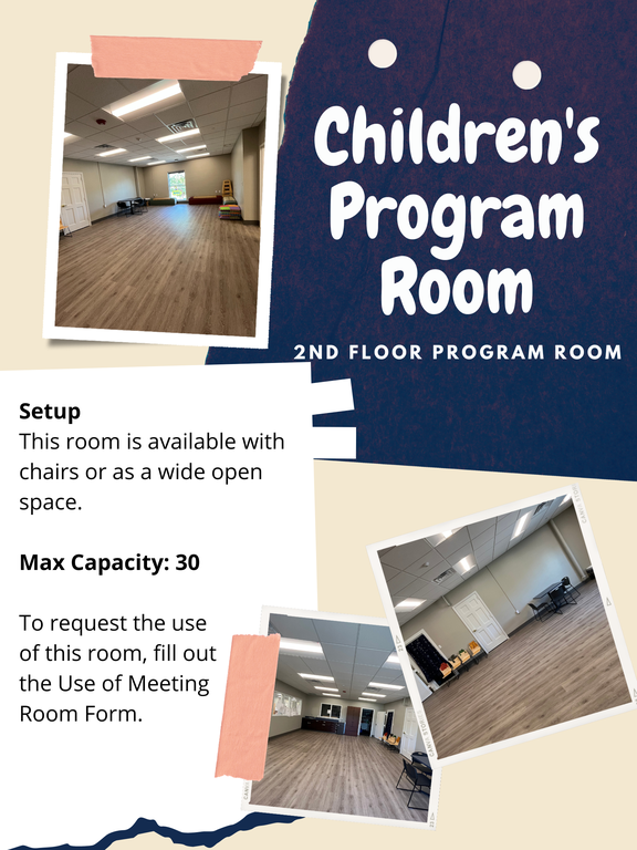 The children's program room can host up to 30 people.