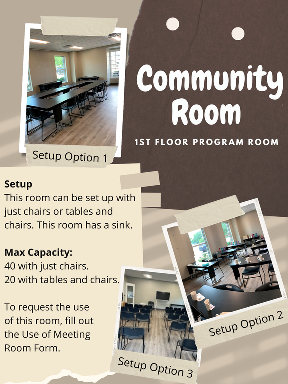 The community room is available for up to 40 people.