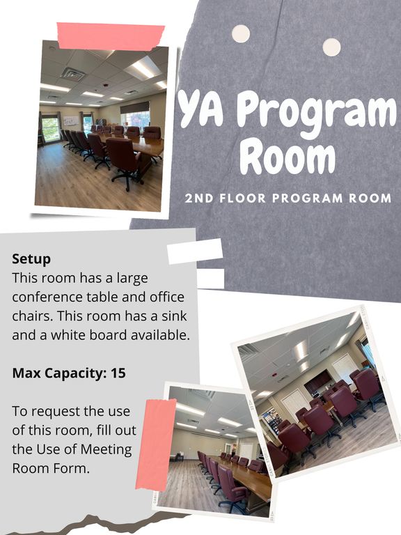The Young adult program room hosts up to 15 people.